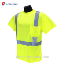 Chinesische Hersteller Großhandel 100% Polyester Mesh Gelb / orange Sicherheitsarbeit T Shirts Mit Reflexstreifen Und Tasche ANSI 107
